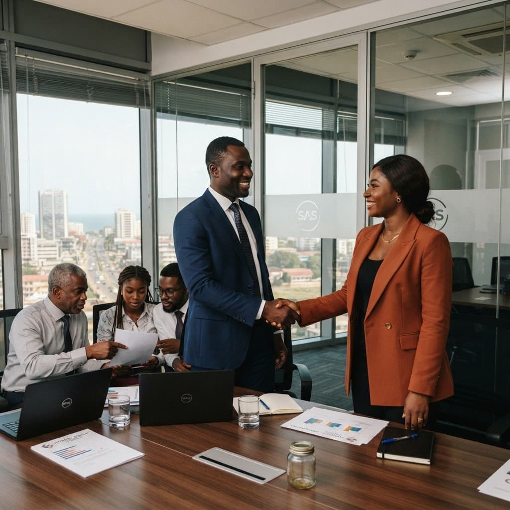 Ghanaian professionals shaking hands in a glass meeting room